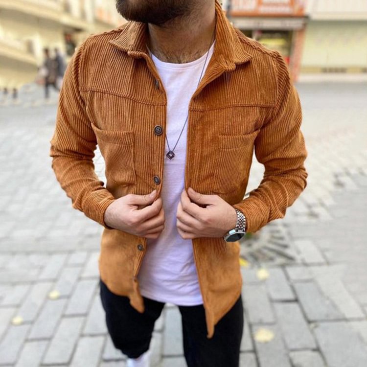 BrosWear Men Streetwear Solid Color Corduroy Jacket