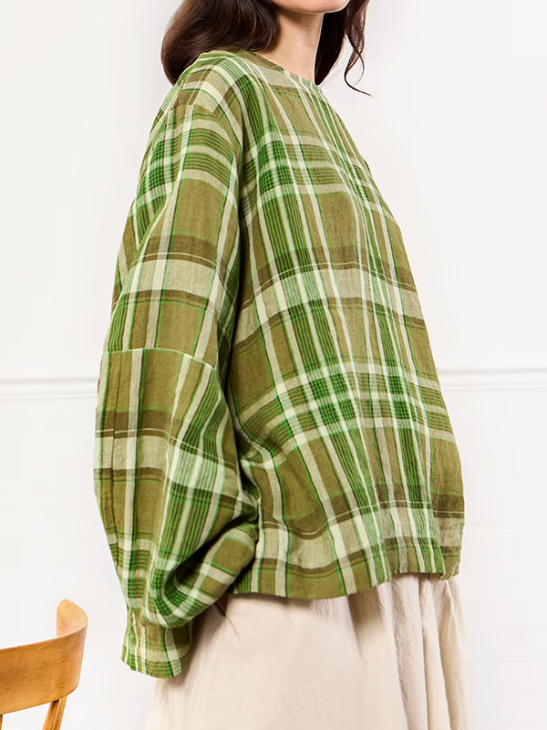 Artistic Loose Billowing Long Sleeves Tartan Cotton Linen Blouses