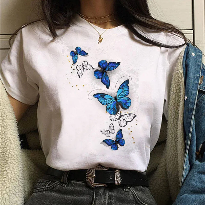 Women Red and Black Butterfly Fashion T Shirt Girl Harajuku Korean Style Graphic Tops Valentine's Day Female T-shirt,Drop Ship