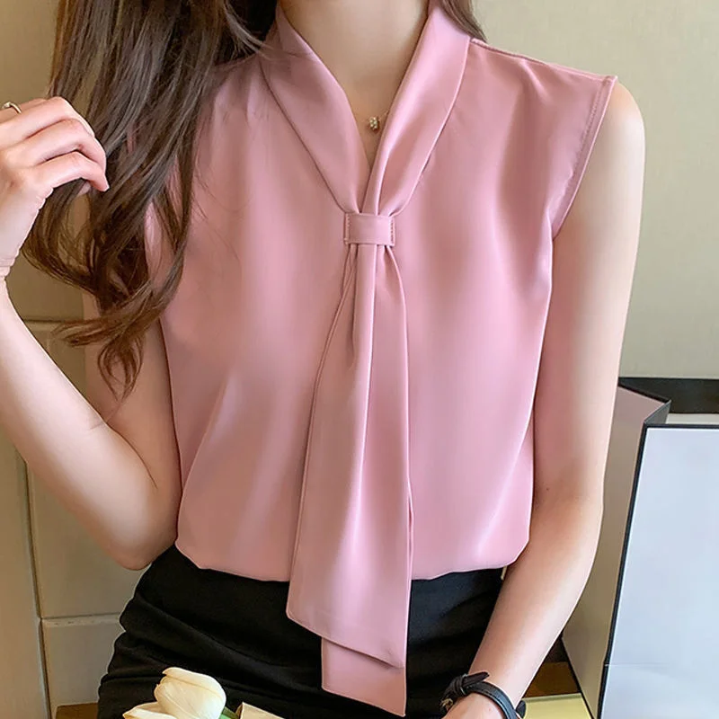 Jangj Summer New Solid Color Sleeveless Chiffon Shirt Bow V-neck Tie Collar Elegant Shirt Korean OL Style Blouse for Female