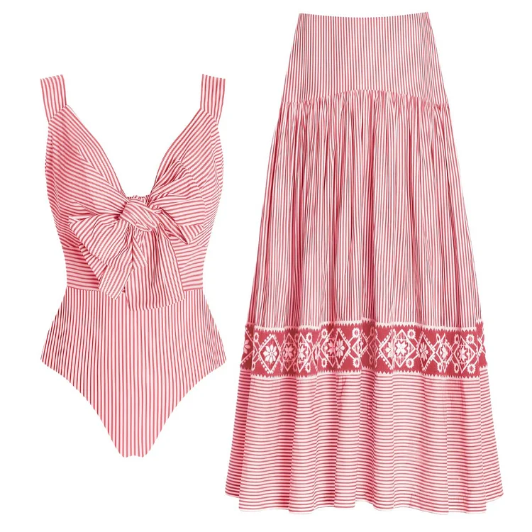 Bowknot Striped Print One Piece Swimsuit and Skirt