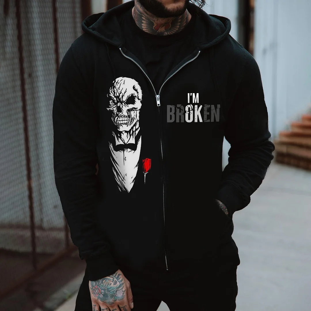 I'm Broken Printed Men's Zipper Hoodie -  