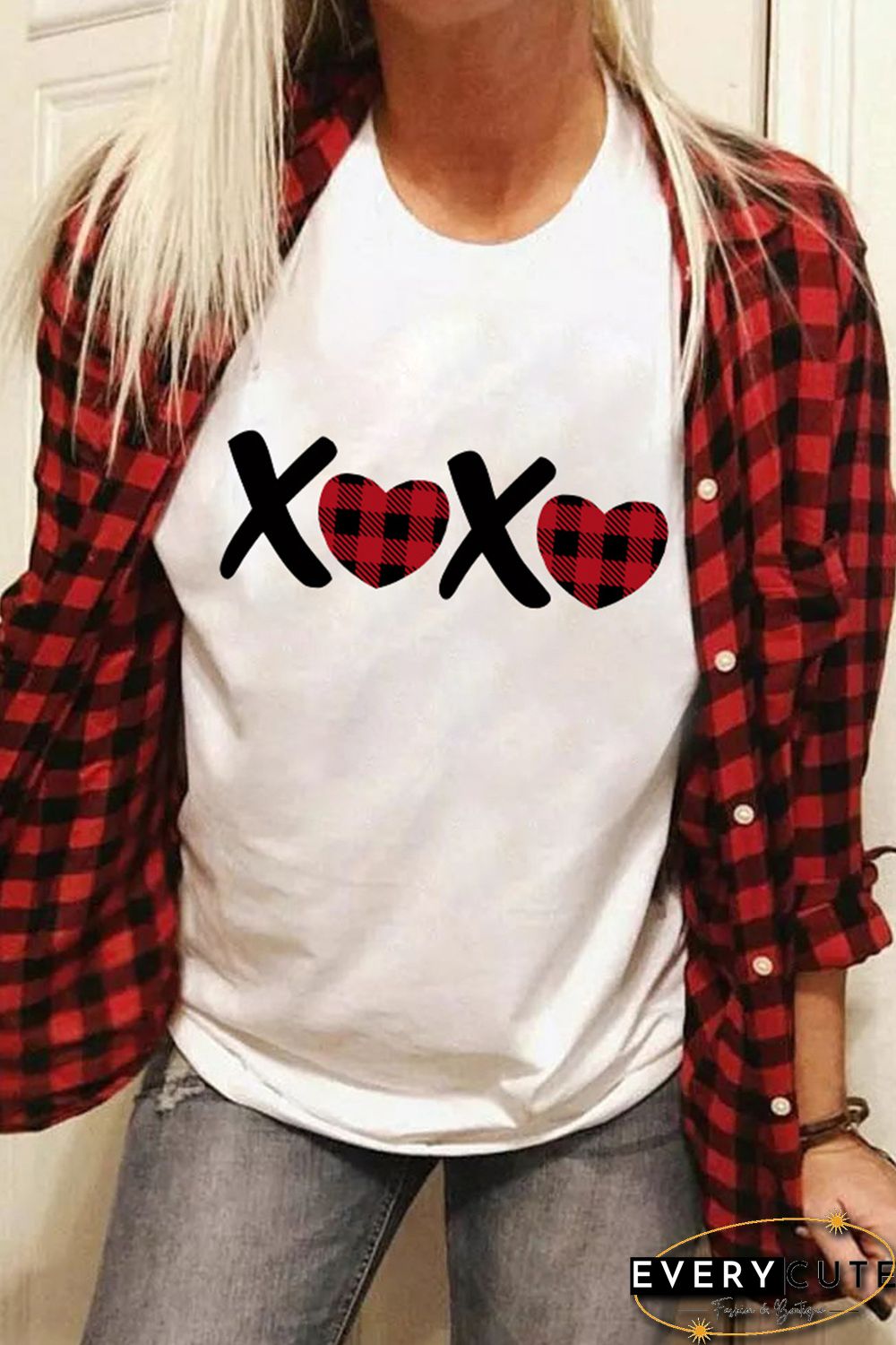 Plaid Heart Letter Print Short Sleeve T-shirt