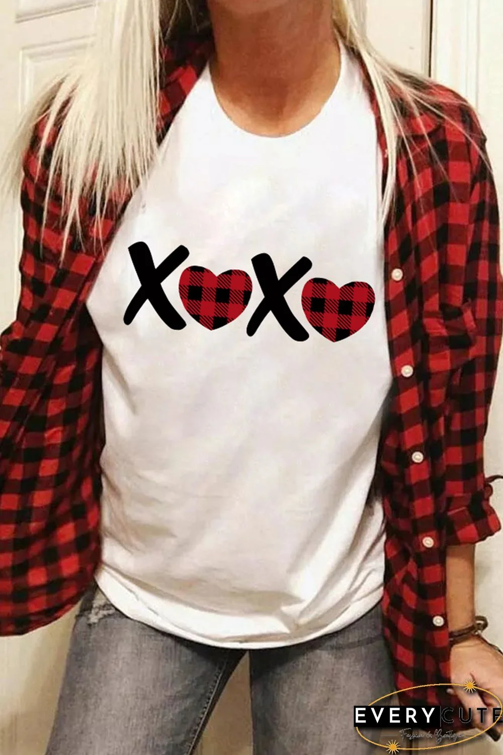 Plaid Heart Letter Print Short Sleeve T-shirt