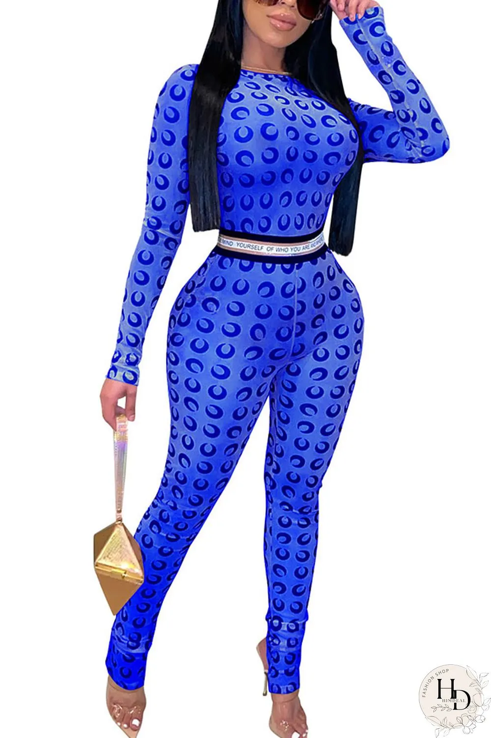 Blue Fashion Sexy Print Long Sleeve O Neck Jumpsuits