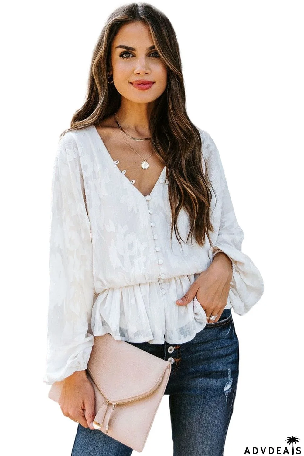 Shimmer Printed V Neck Ruffled Long Sleeve Top