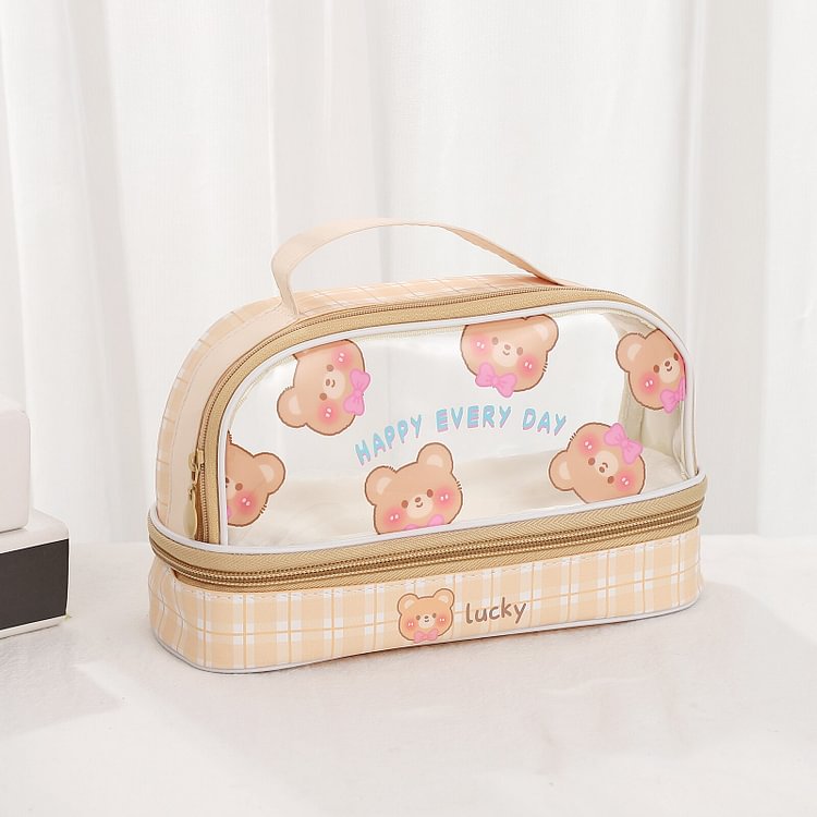 JOURNALSAY Cute Cartoon Large Capacity Double Layer Pencil Case Transparent Portable