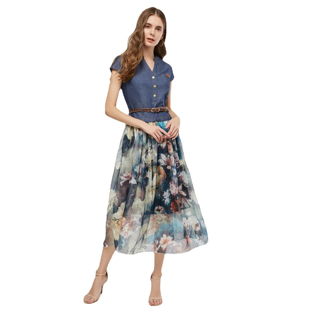 Brownm Brownm Summer New Women's Temperament Fashion Denim Dress Sleeveless Splicing Print Mid-Long Dress