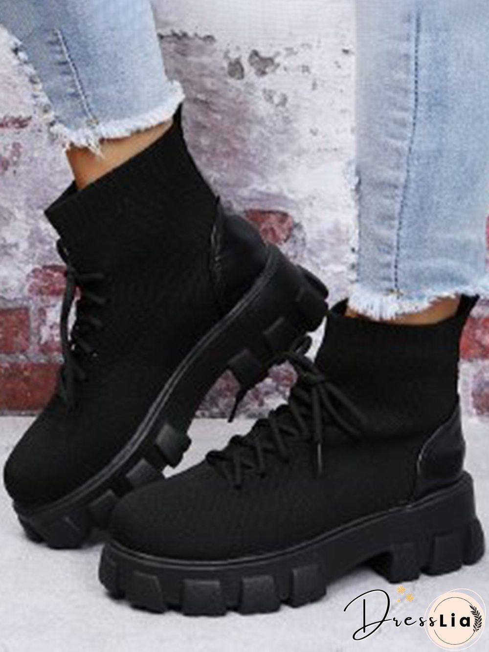 Versatile Platform Lace-Up Casual Black Short Flyknit Sock Boots