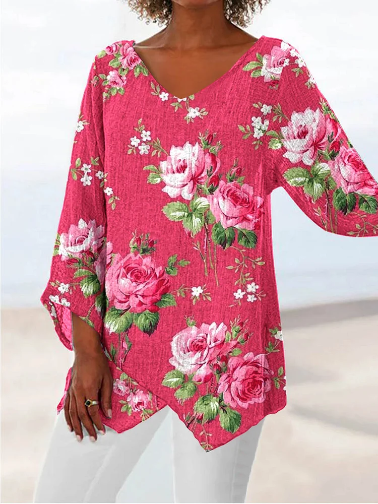 Women's Artistic  Rose Floral Cotton And Linen V Collar Three Quarter Sleeves Top
