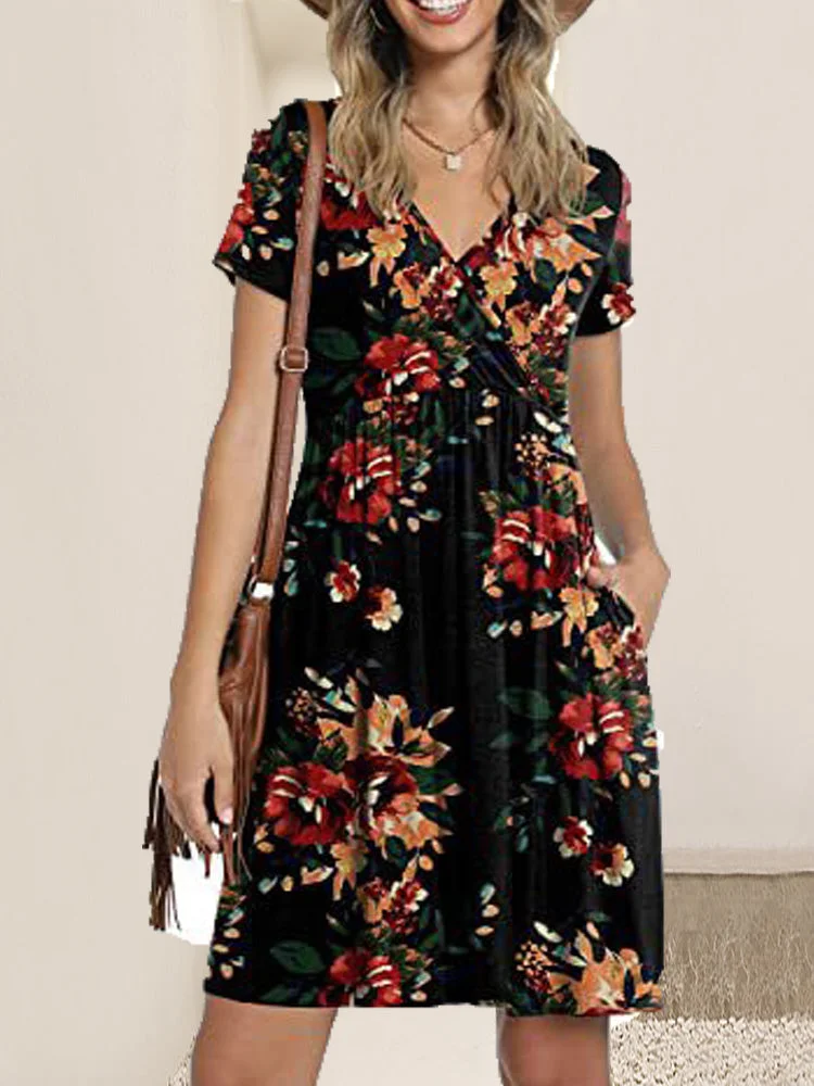 Women's Short Sleeve V-neck Floral Printed Midi Dress