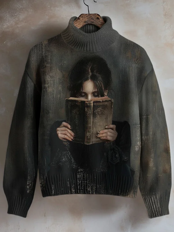Women's Retro Woman Reading Gothic Art Print High Neck Knit Sweatshirt
