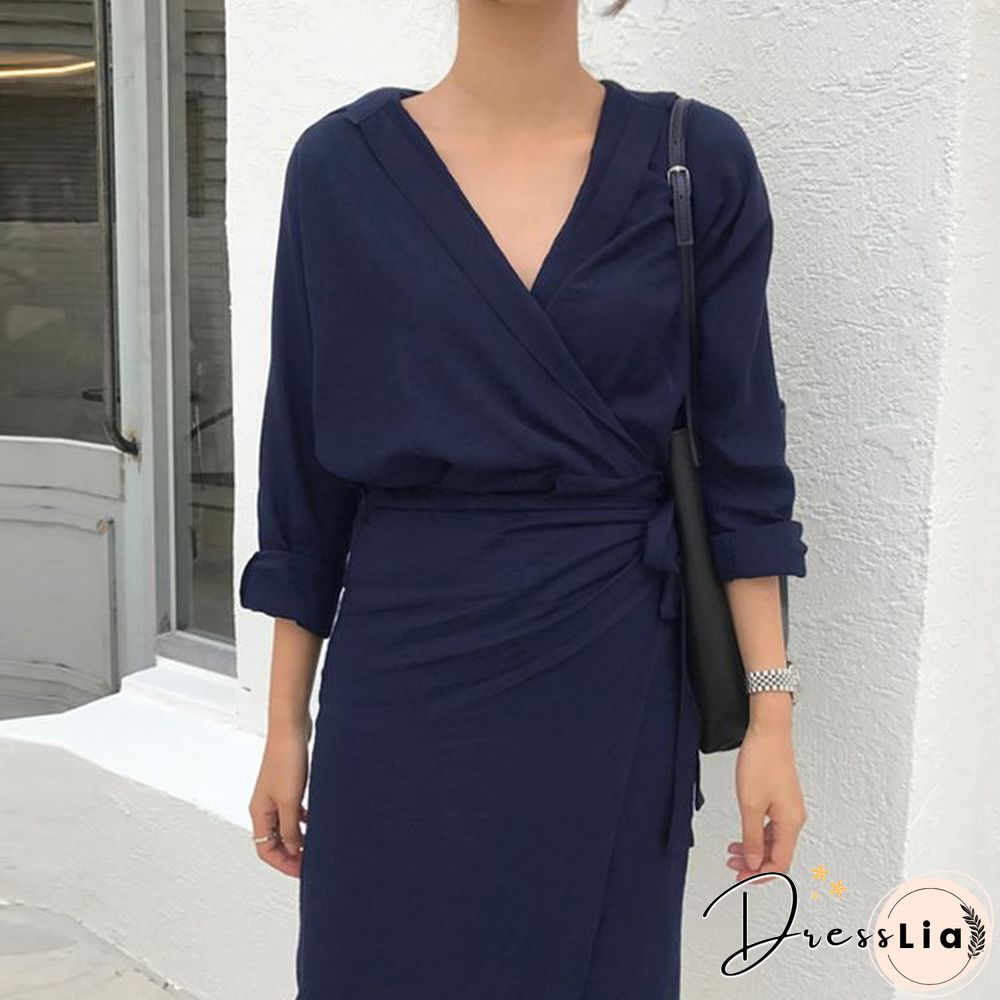 Sexy V Collar Pure Color Package Hip Bodycon Dress