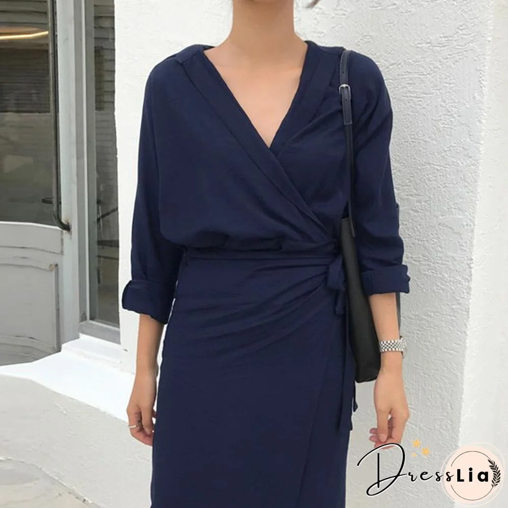 Sexy V Collar Pure Color Package Hip Bodycon Dress