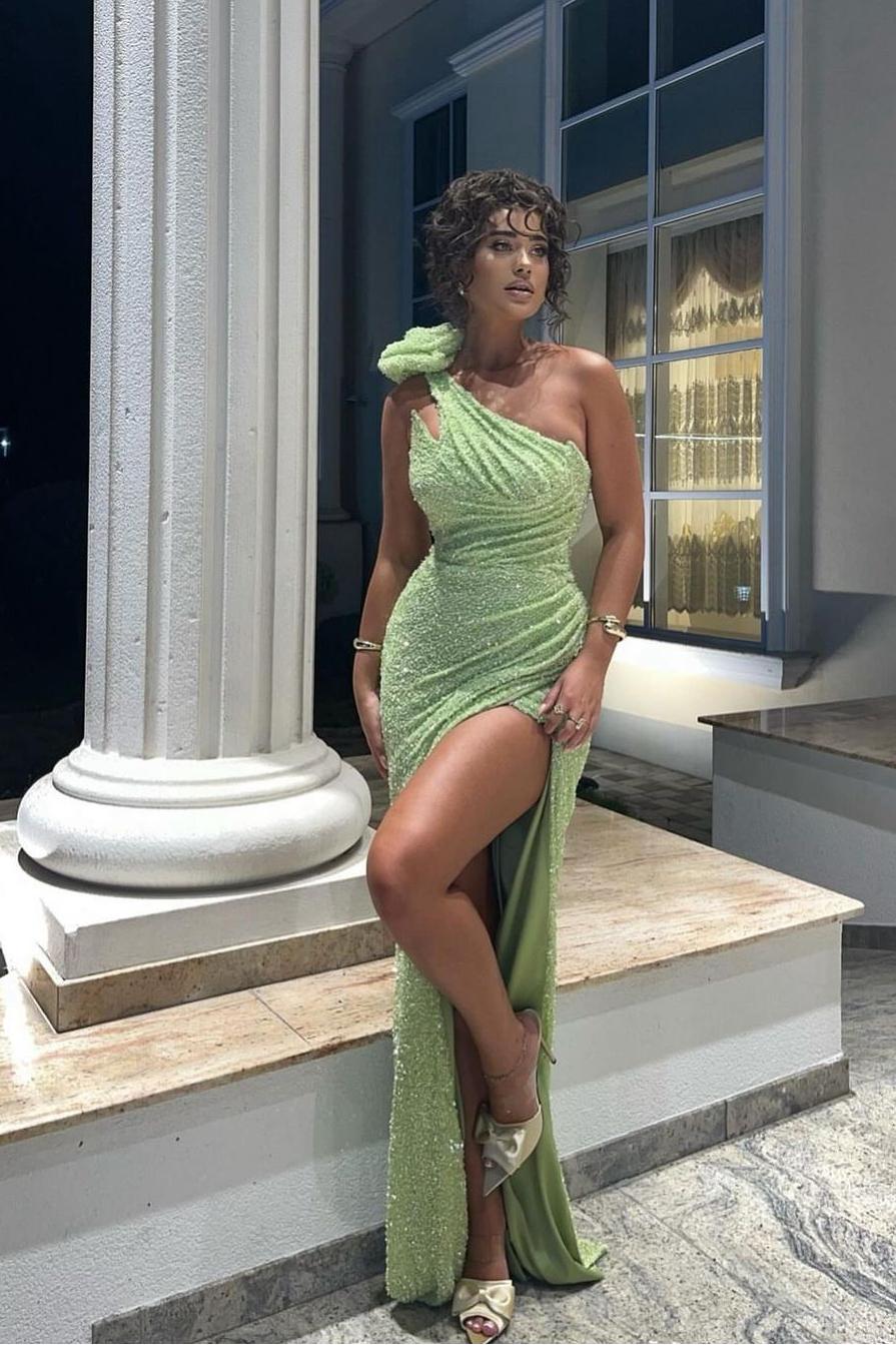 Oknass Sequins One Shoulder Sleeveless Split Long Prom Dress With Pleated  