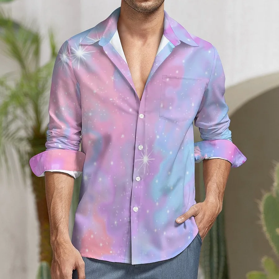 open lace back dress Pastel Tie Dye Long Sleeve Men Button Up Shirt, Rainbow Groovy Spiral Print Buttoned Collared Casual Dress Shirt with Chest Pocket L main image 1