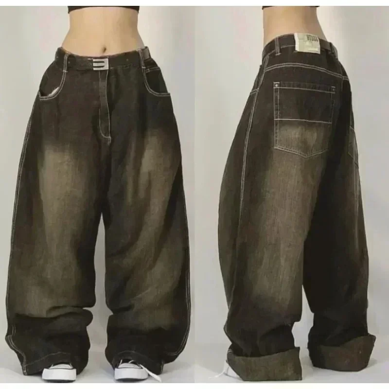 Edubridgesmart American Y2K New Fashion Punk Pattern Embroidered Straight Jeans Women Street Casual Loose Oversized Wide-leg Pants Couple Jeans