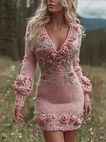 Women's Pink Rose Embroidered Art V Neck Knit Mini Sweater Dress