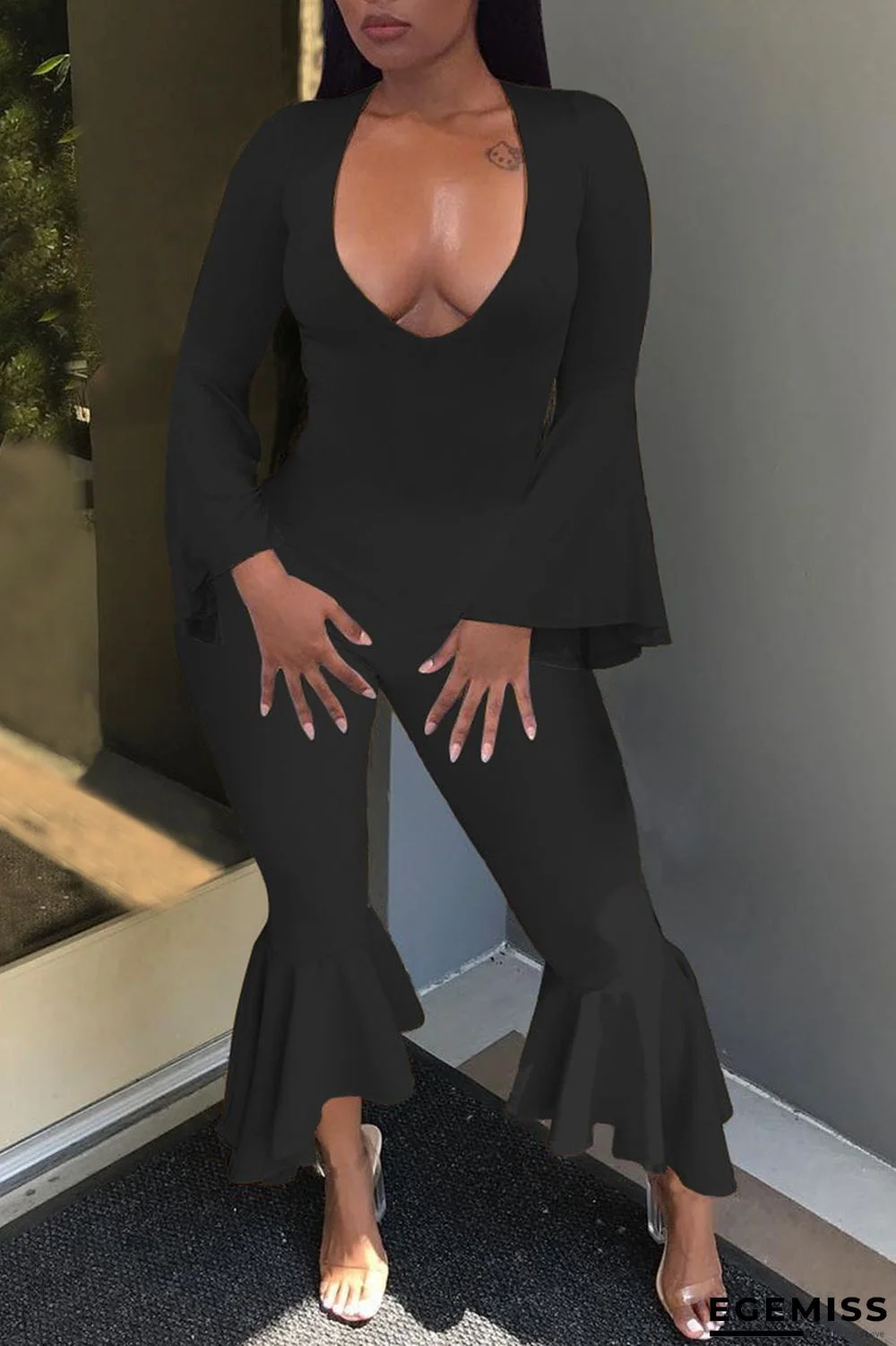 Black Casual Solid Patchwork Asymmetrical V Neck Boot Cut Jumpsuits | EGEMISS