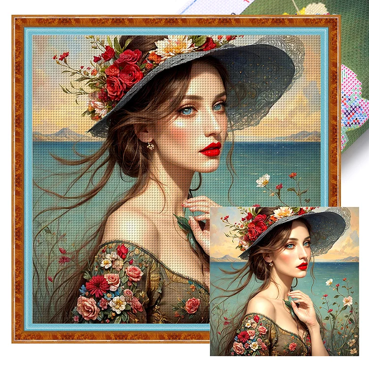 Girl'S Red Lips In A Flower Hat (40*40cm) 14CT Stamped Cross Stitch gbfke