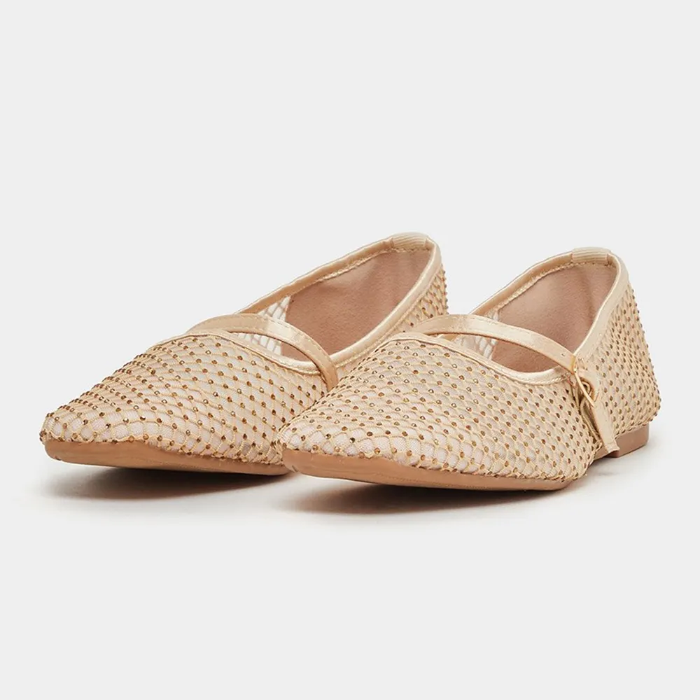 Gold Rhinestone Fishnet Square Toe Ballet Mary Jane Flats with A Strap Nicepairs