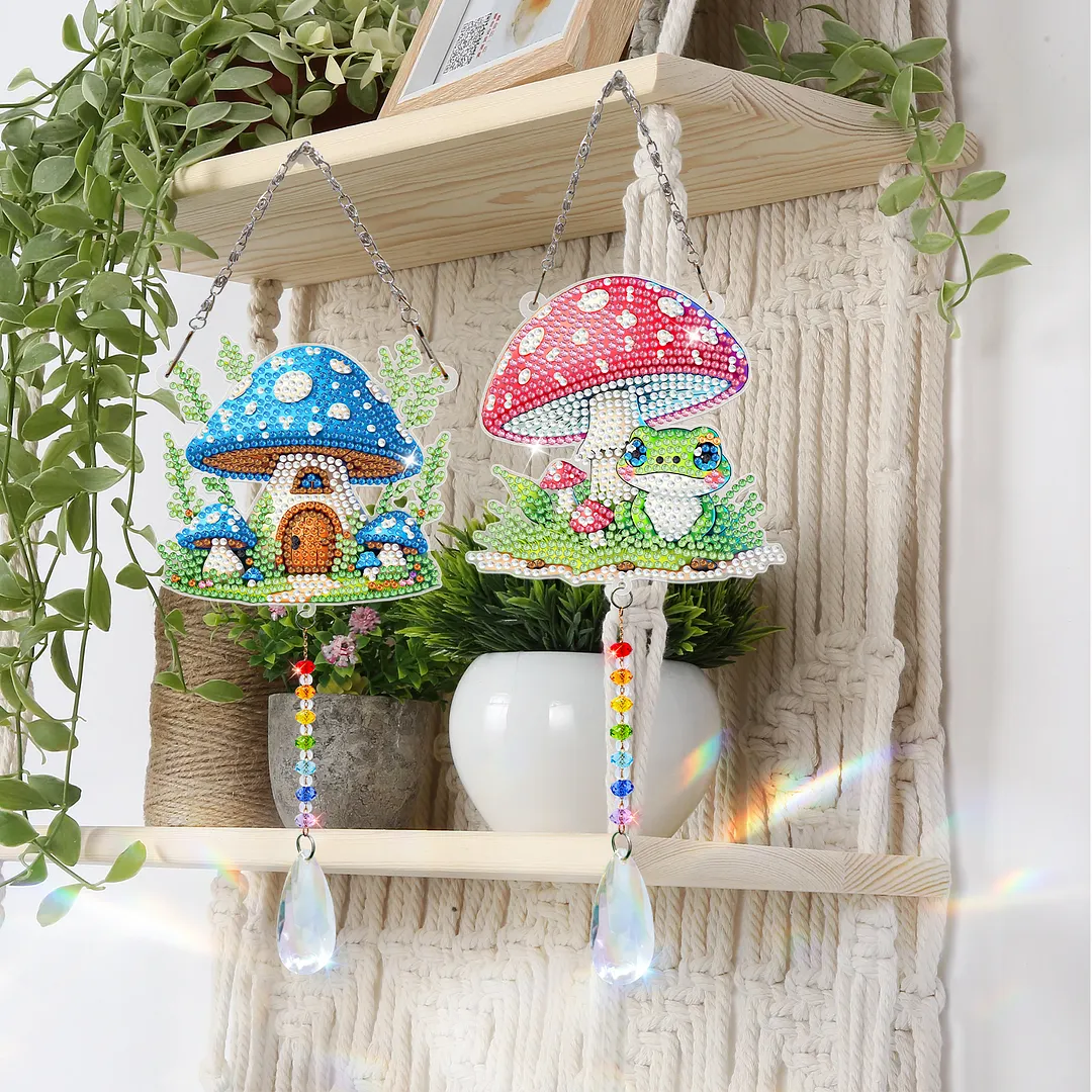 2Pcs Mushroom House DIY Double-Sided Diamond Painting Hanging Kits Diamond Painting Suncatcher Craft Kit for Home Garden Wall Decor Gift