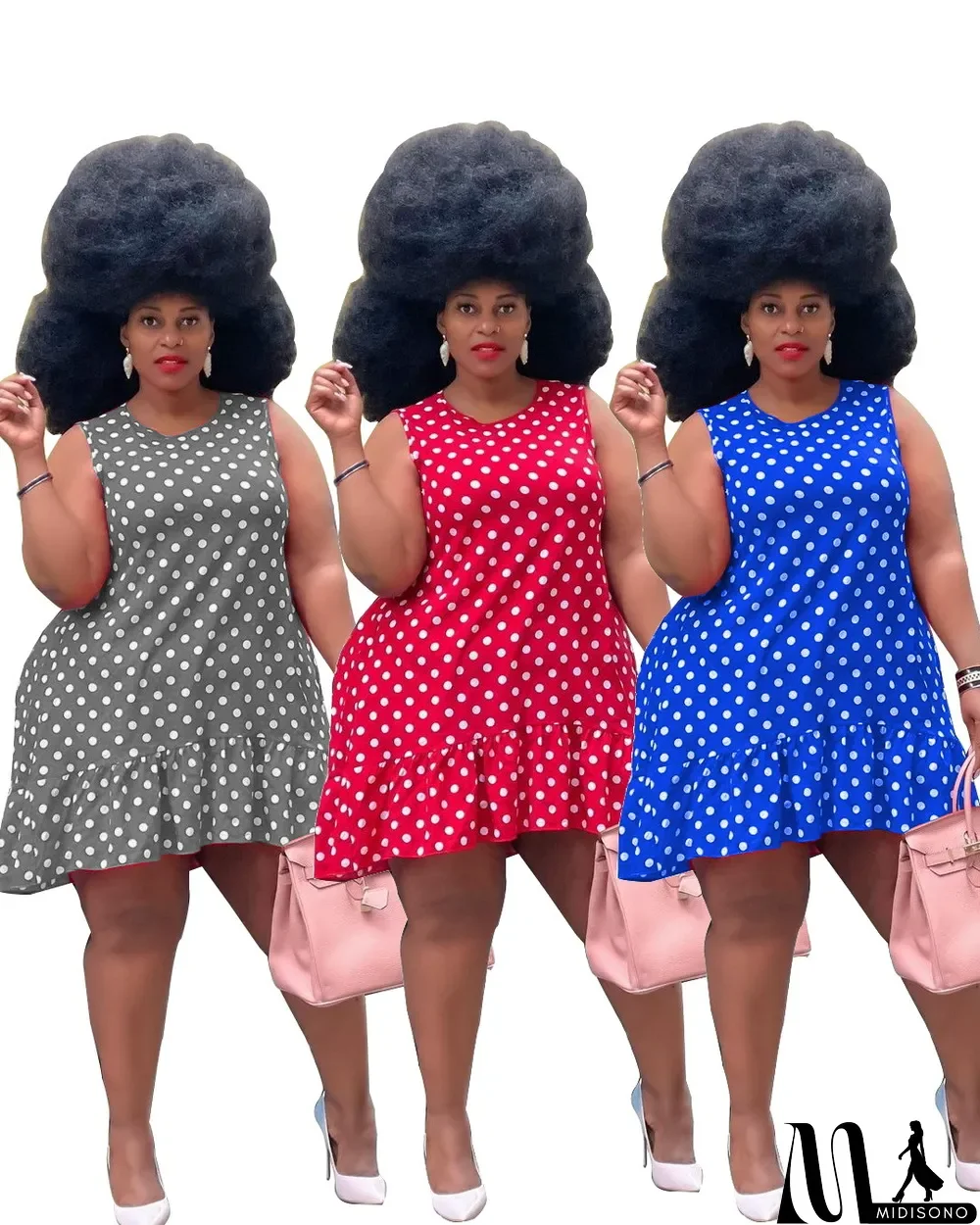 MidiSono - Plus Size Polka Dot Print Sleeveless Mini Dress (Without Belt)