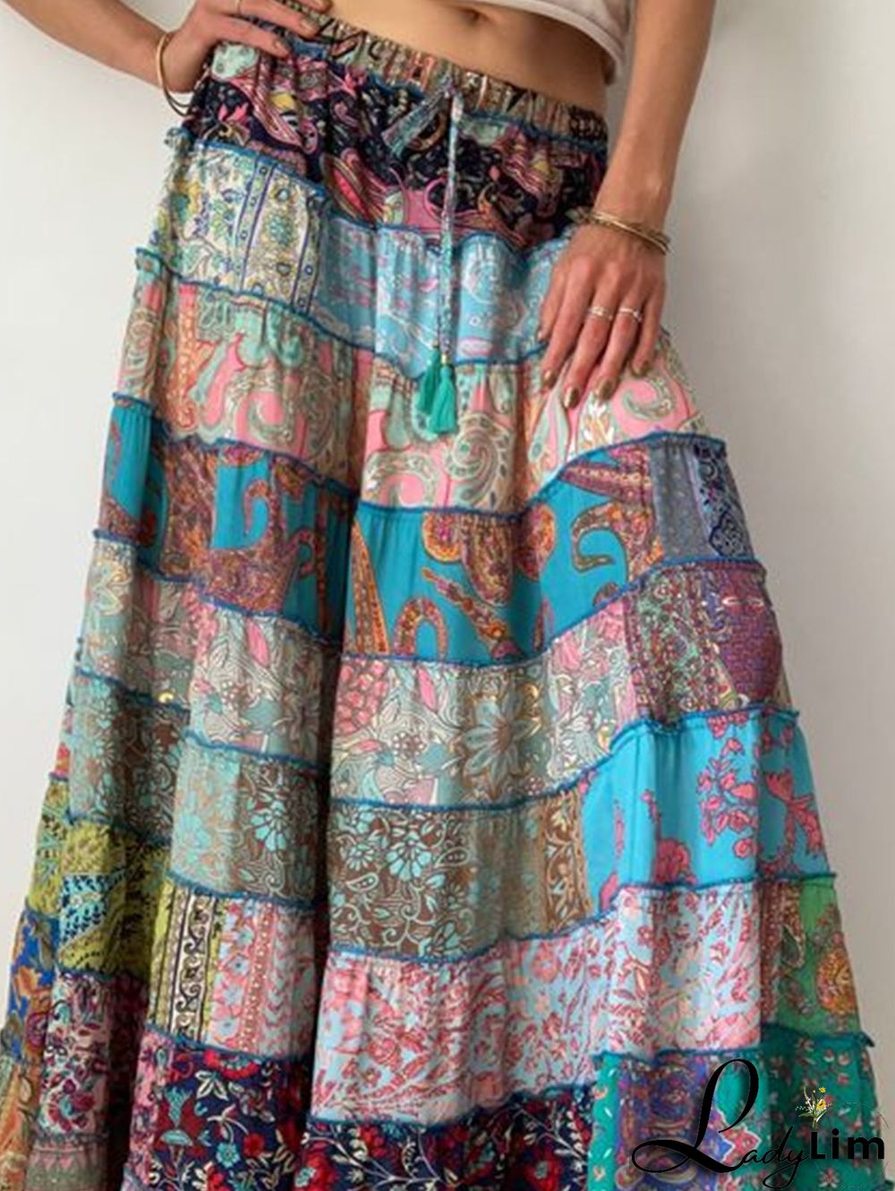 Bohemian Patchwork Elastic Waist Big Swing Maxi Tiered Skirt