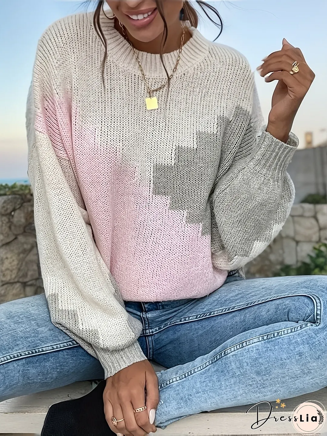 Color Block Crew Neck Sweater, Casual Long Sleeve Drop Shoulder Sweater, Women's Clothing