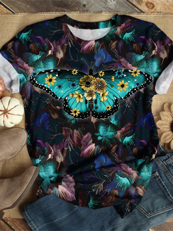 Women's Loose Butterfly Printing Short Sleeve Top