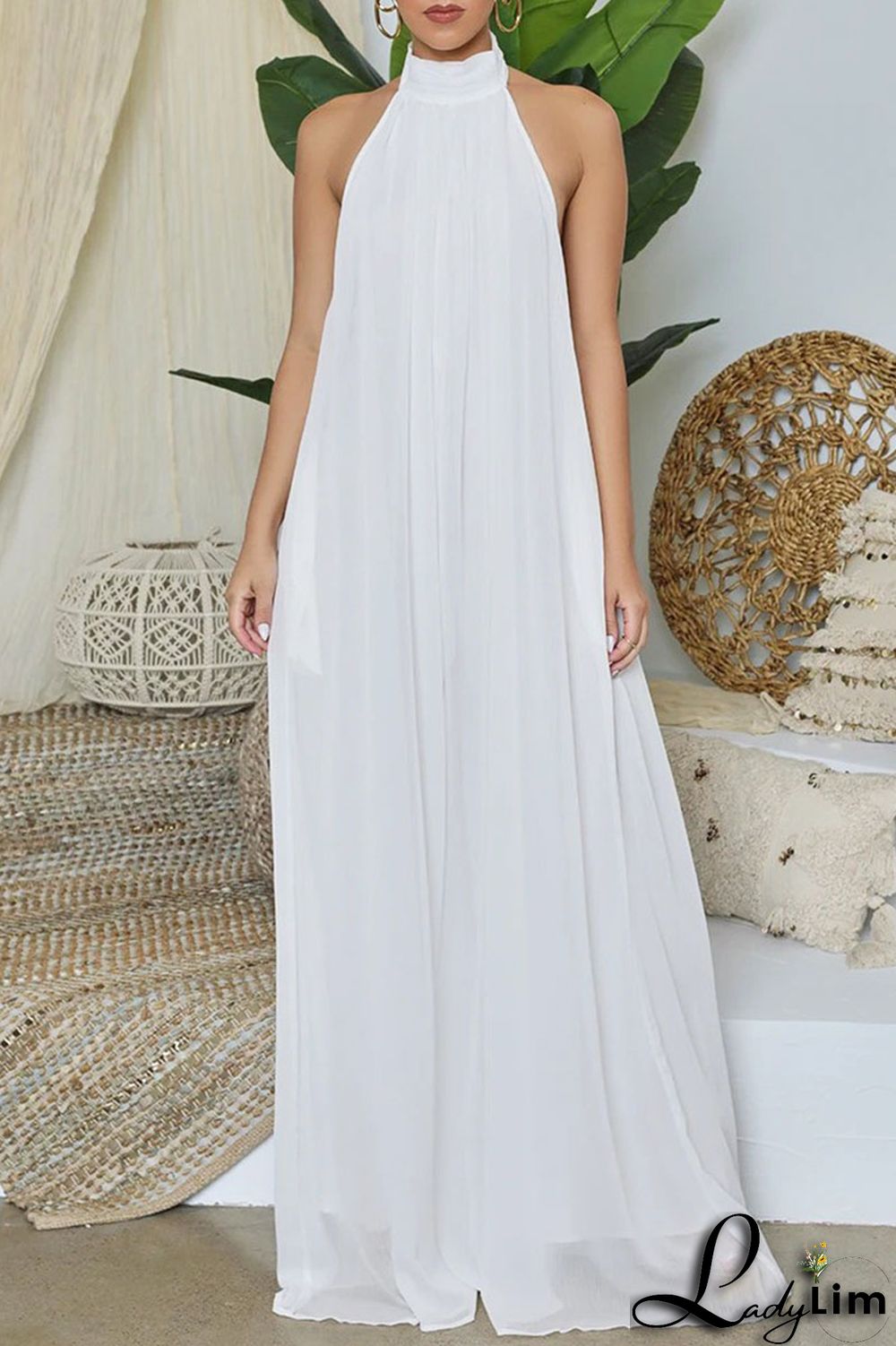 Yellow Elegant Solid Patchwork Backless Halter Straight Jumpsuits