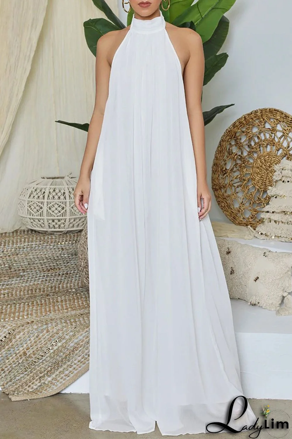 Yellow Elegant Solid Patchwork Backless Halter Straight Jumpsuits