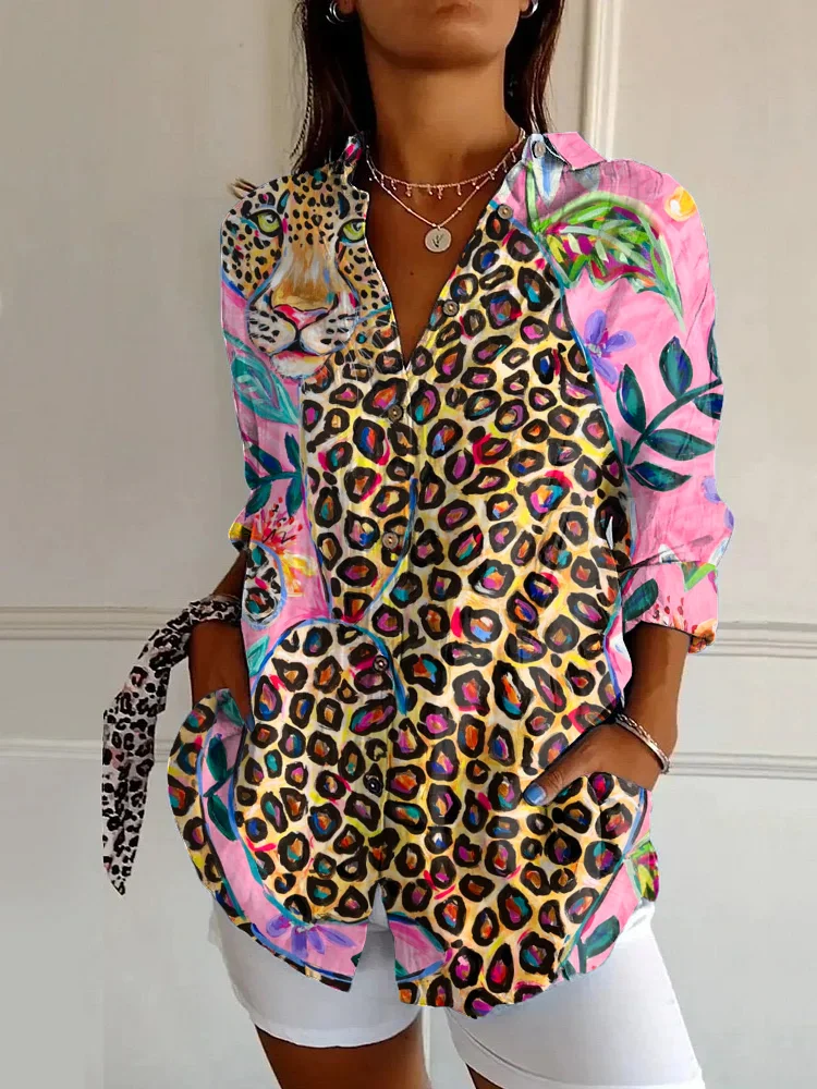 Vintage Leopard Art Print Casual Long Sleeve Shirt