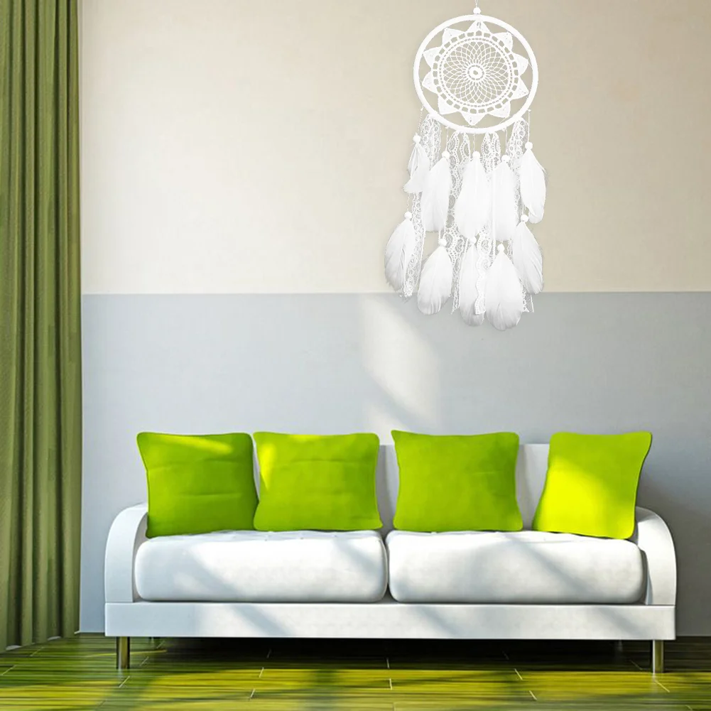 White Dream Catcher Wooden Beads Lace Pendant Feather Wind Chime (MS6060)