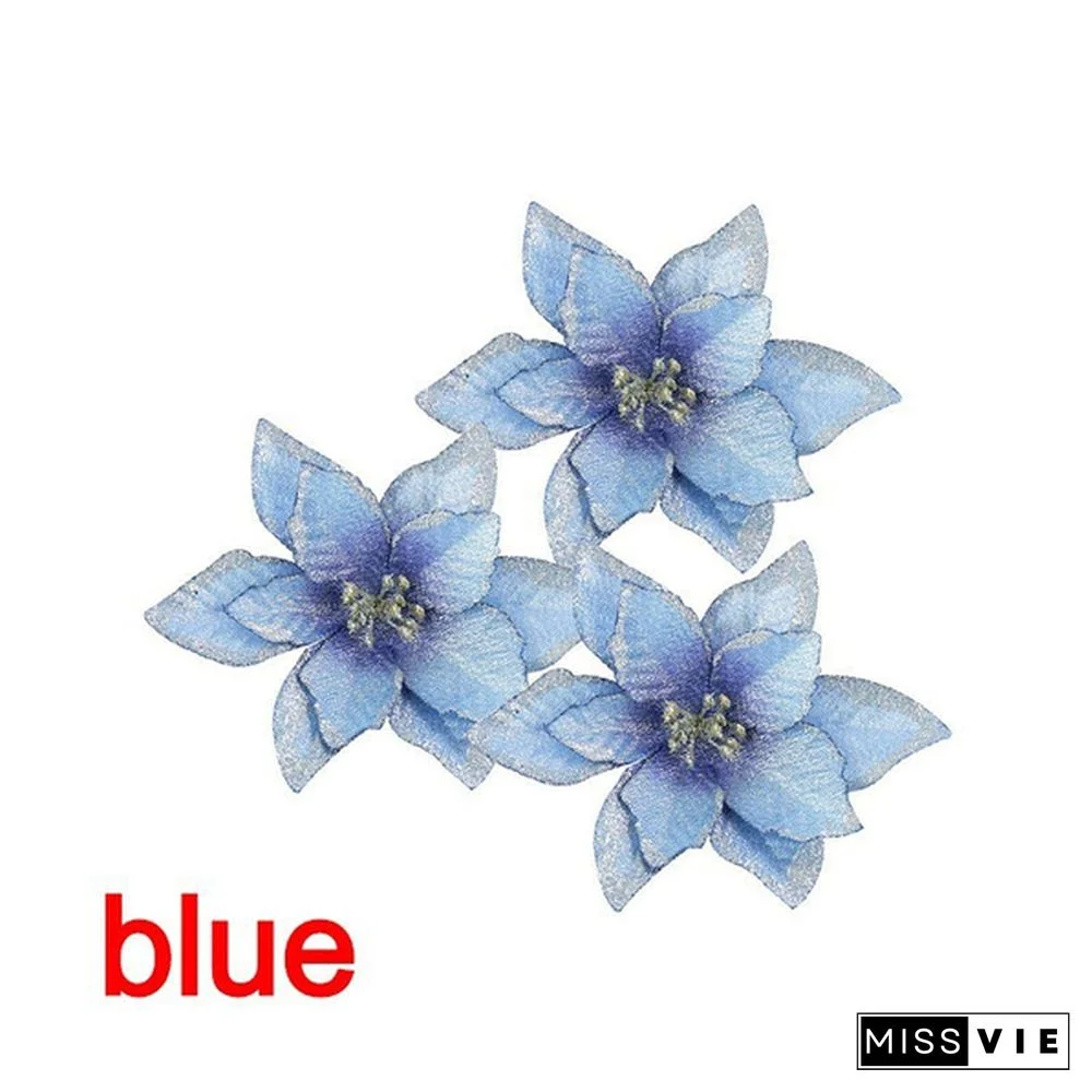 10 Pcs/Set Glitter Christmas Flower Poinsettia Christmas Tree Decorations Ornaments Christmas DIY Craft 11 Colors