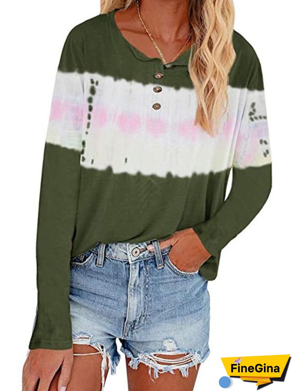 Women Long Sleeve Scoop Neck Polka Dot Graphic Stitching Top