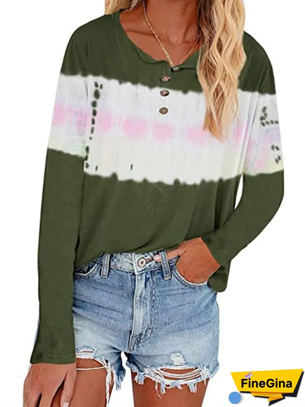 Women Long Sleeve Scoop Neck Polka Dot Graphic Stitching Top