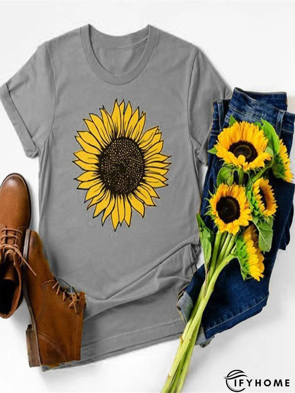 Vintage Short Sleeve Sunflower Printed Casual Top | IFYHOME