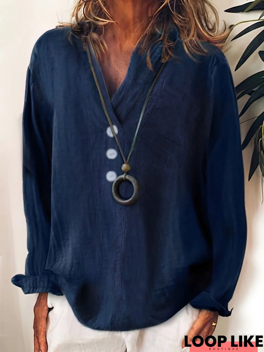 Solid Loosen Casual Cotton V Neck shirt & Tunic Top