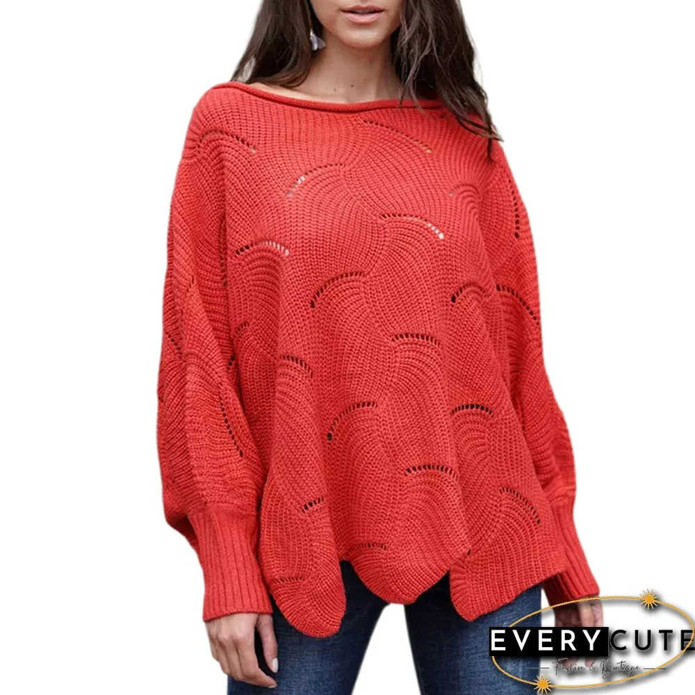 Rust Red Knit Hollow-out Crew Neck Pullover Sweater