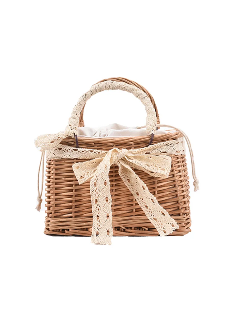 Vintage Women Rattan Woven Tote Bags Beach Pearl Mini Basket Handbag (A)