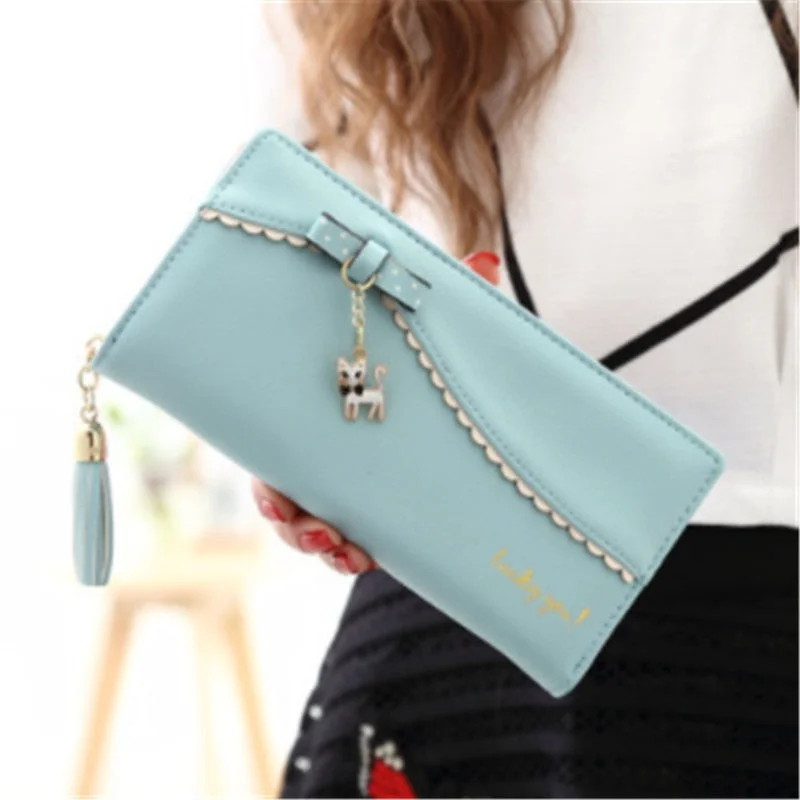 PU Leather Long Wallet Women Card Holder Purse Sweet Bow Cute Cat Pendant Tassel Ladies Clutch Phone Money Coin Bag Portemonnee