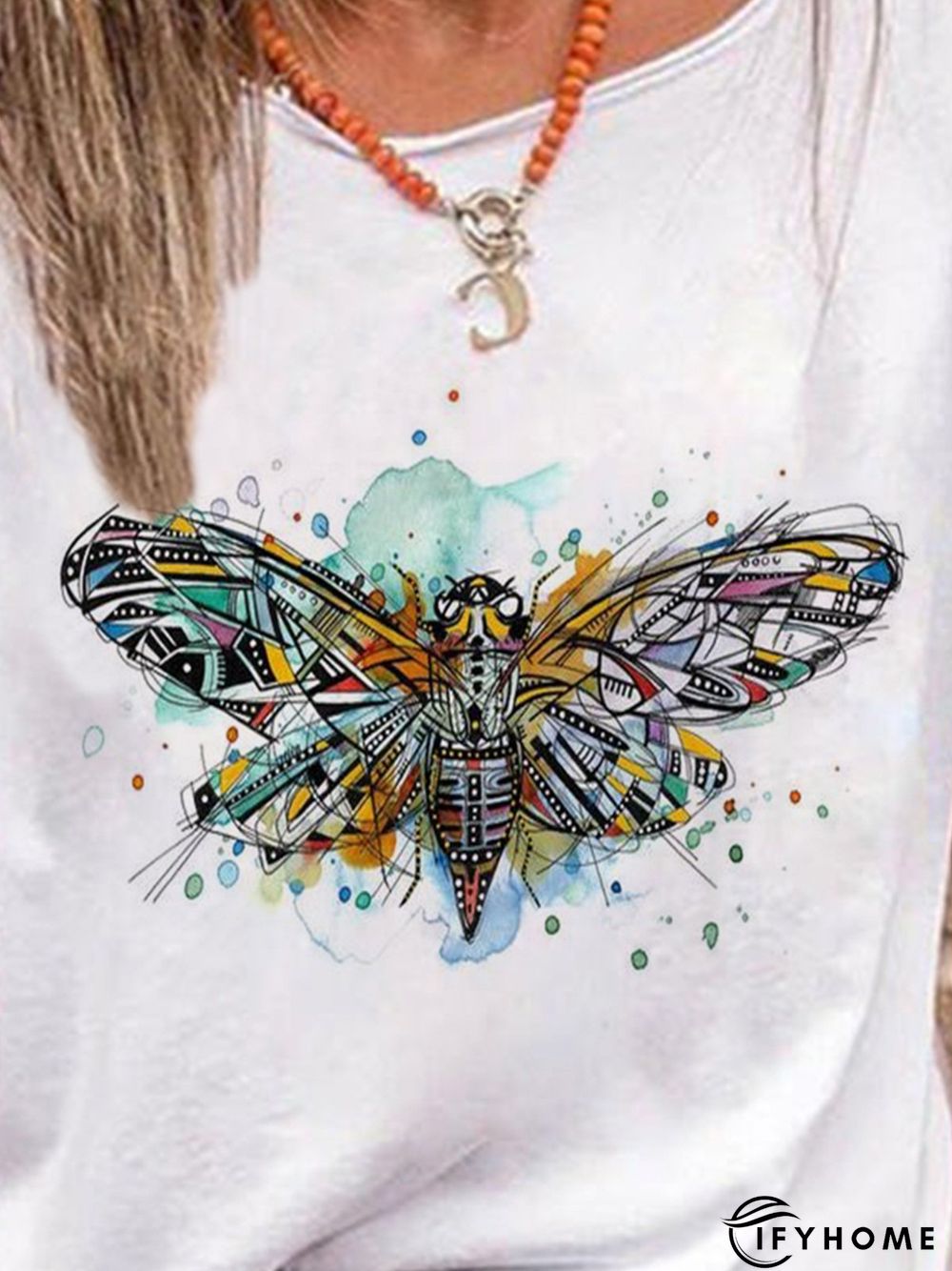 Vintage Short Sleeve Crew Neck Cicada Printed Plus Size Casual Tops | IFYHOME
