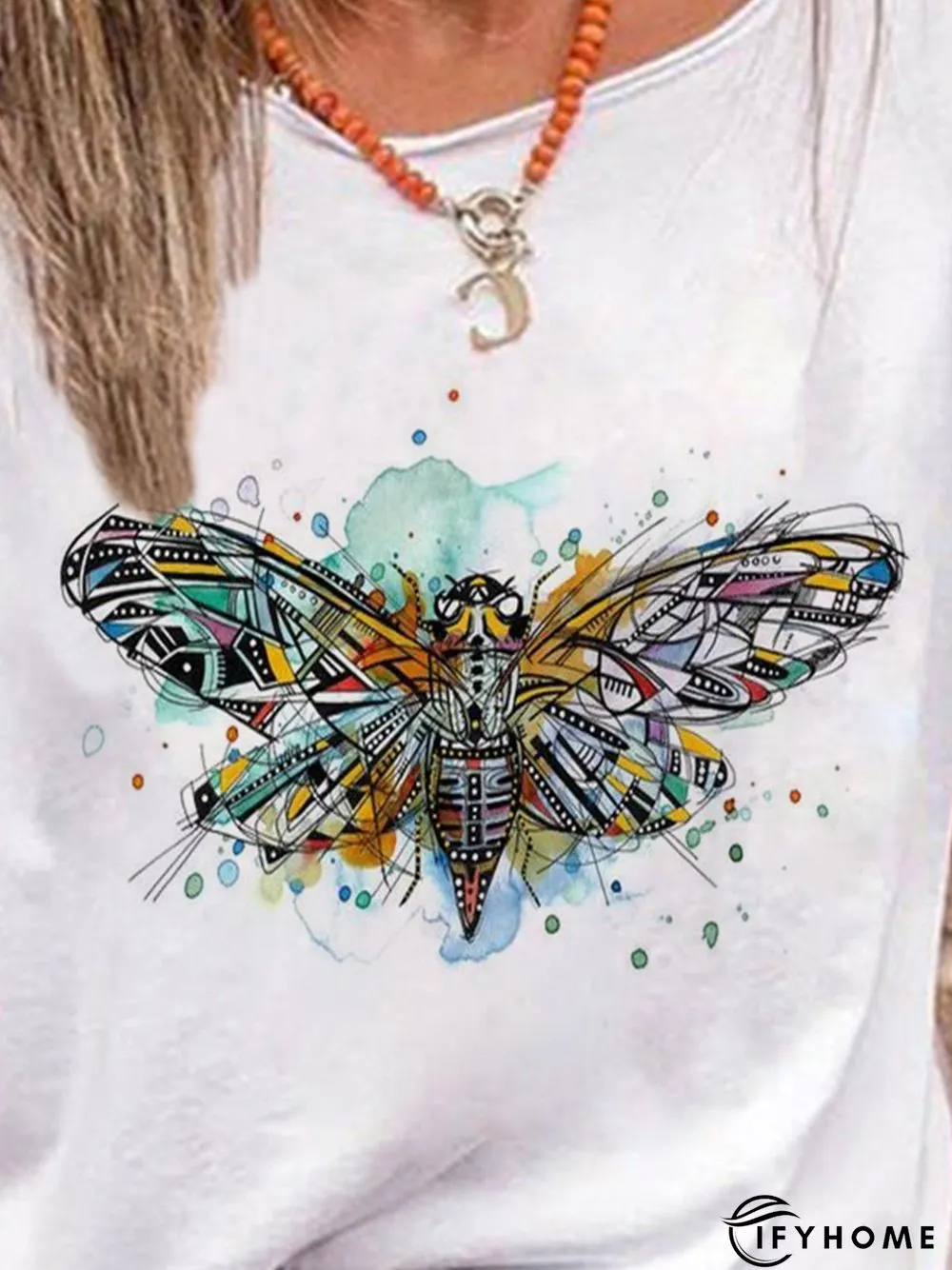 Vintage Short Sleeve Crew Neck Cicada Printed Plus Size Casual Tops | IFYHOME