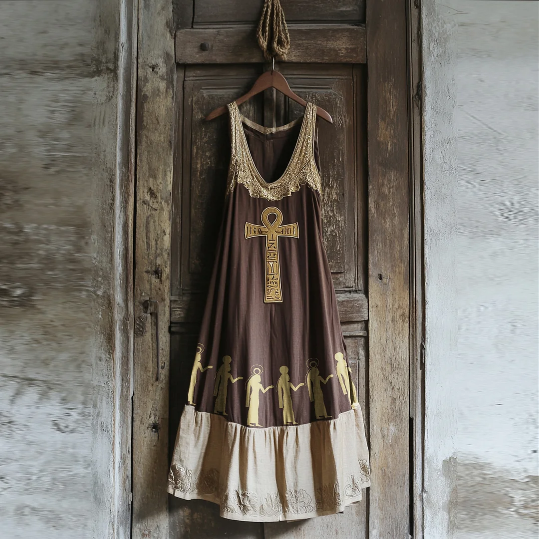 Vintage Ankh Ancient Egyptian Embroidered Women's Linen Maxi Dress