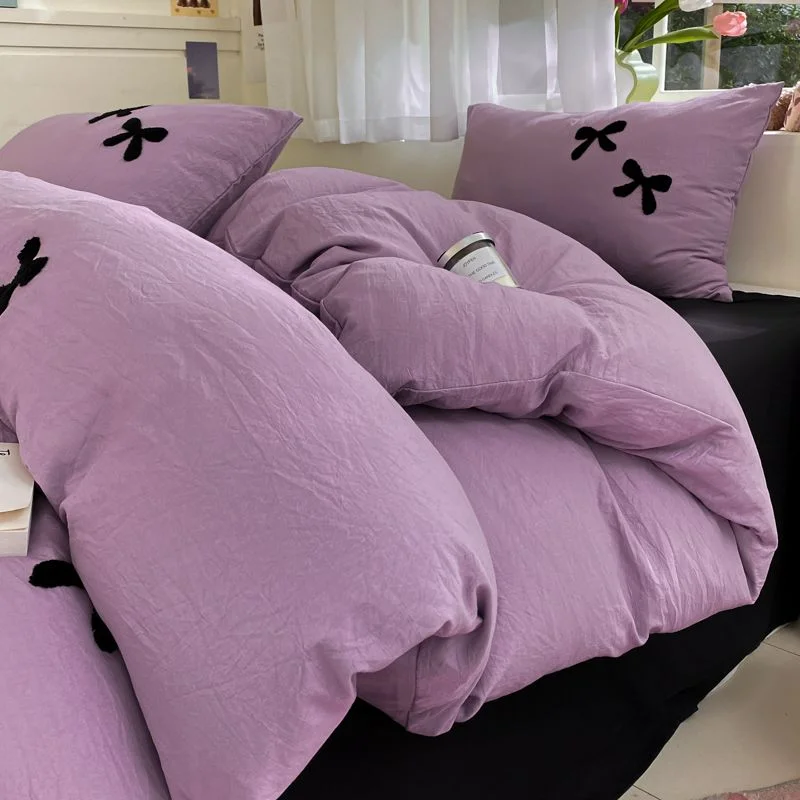 Aonga Blue Korean Bedding Set with Bow Embroidery Ins Soft Comforter Cover Flat Sheet Pillowcases Girls Gift Fashion Duvet Cover Set aonga