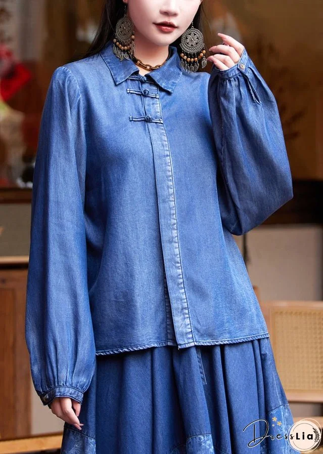 Women Blue Peter Pan Collar Patchwork Button Silk Cotton Denim Shirt Long Sleeve