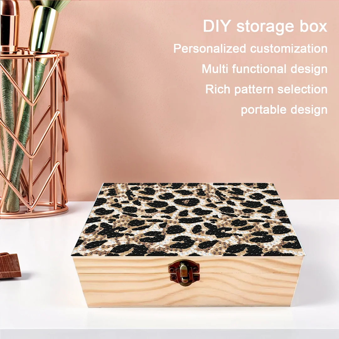 5D DIY Diamond Painting Handmade Wood Storage Box for Home Decor (Leopard Print)