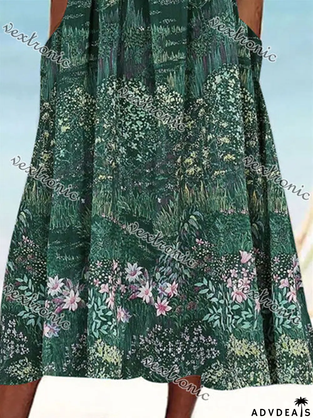 Women's Green Sleeveless Scoop Neck Pockets Graphic Floral Printed Midi Dress