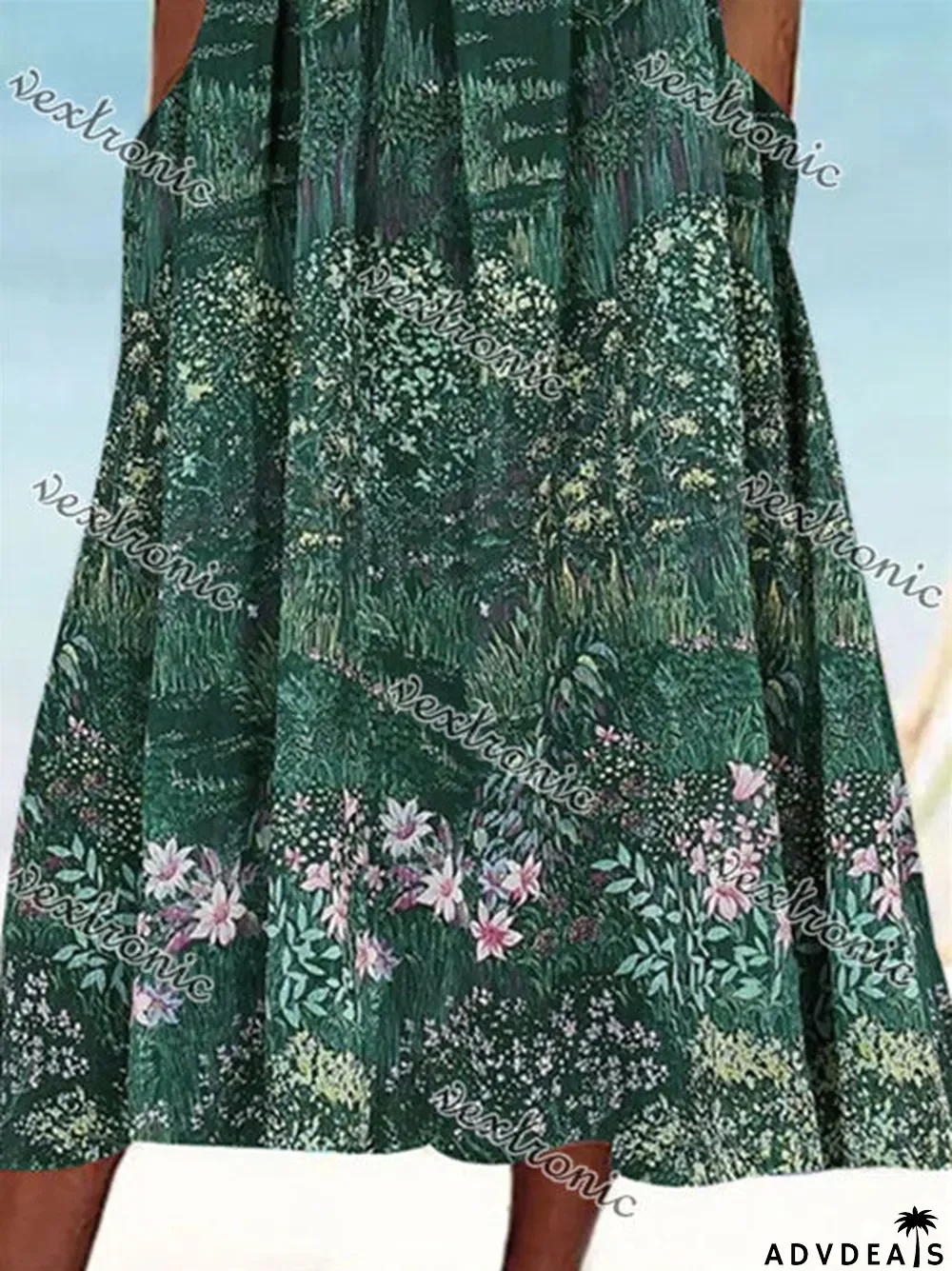 Women's Green Sleeveless Scoop Neck Pockets Graphic Floral Printed Midi Dress